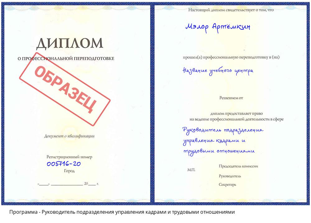 Руководитель подразделения управления кадрами и трудовыми отношениями Миллерово