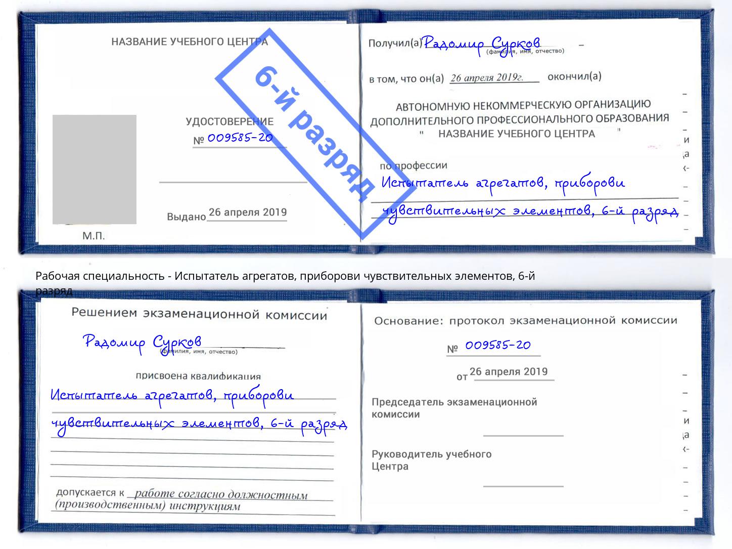 корочка 6-й разряд Испытатель агрегатов, приборови чувствительных элементов Миллерово