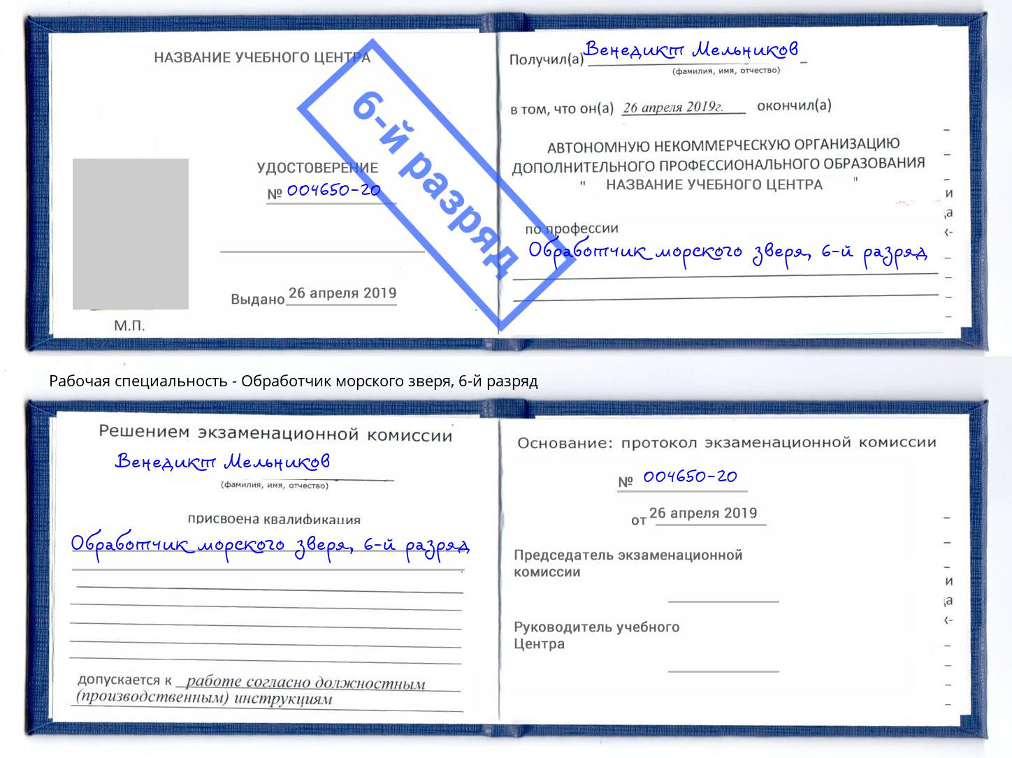 корочка 6-й разряд Обработчик морского зверя Миллерово