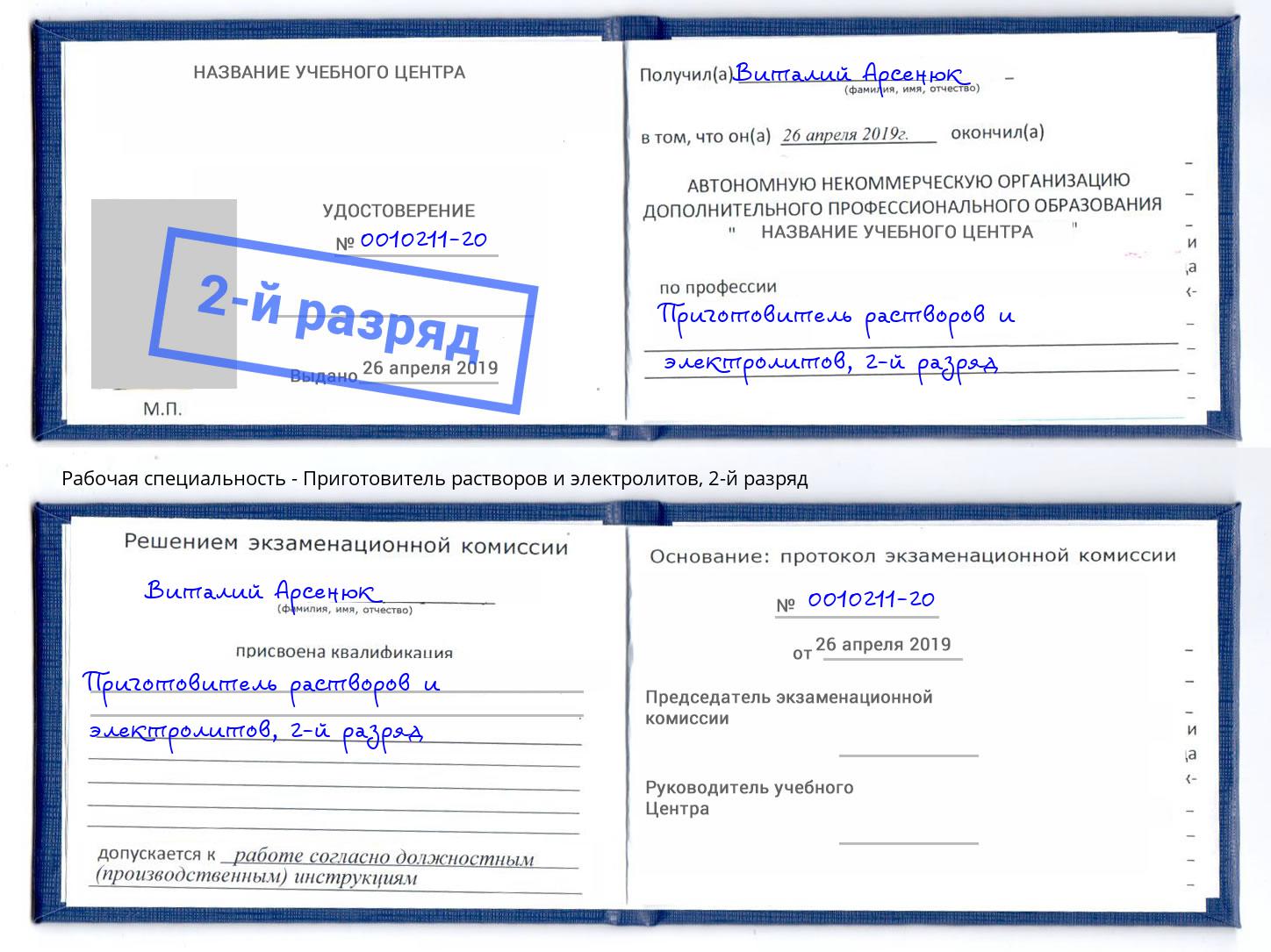 корочка 2-й разряд Приготовитель растворов и электролитов Миллерово