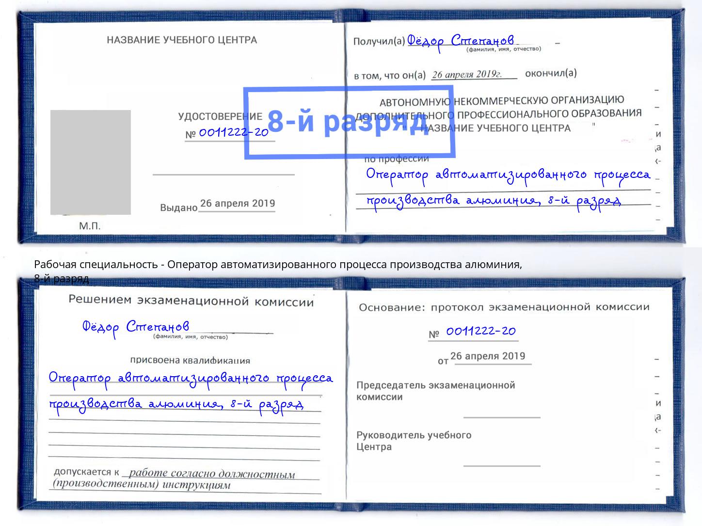 корочка 8-й разряд Оператор автоматизированного процесса производства алюминия Миллерово